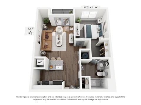Floor plan for 1 bed, 1 bath, 688 sqft